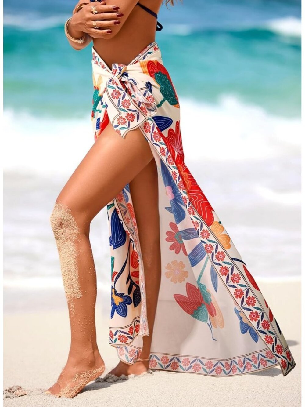 Women's Multicolor Swimsuit High Slit Summer Floral Print Chiffon Wrap Beach - Picture 2 of 6